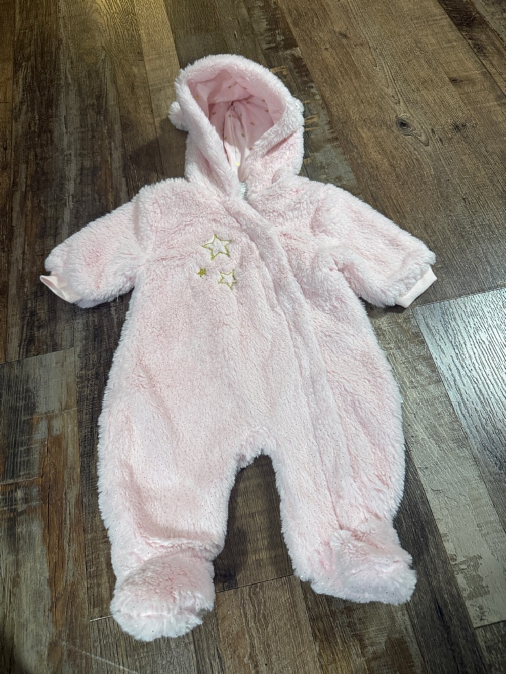 Cozy Hooded Pink Plush Baby One-Piece with Star Detail